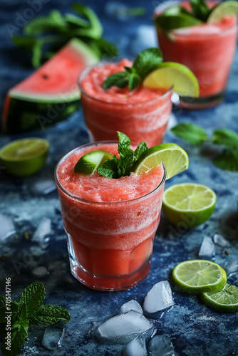 Close up of fresh watermelon juice or cocktail in glasses with pieces of watermelon. A refreshing summer drink