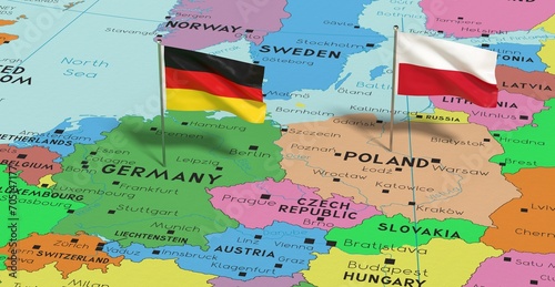 Germany and Poland - pin flags on political map - 3D illustration
