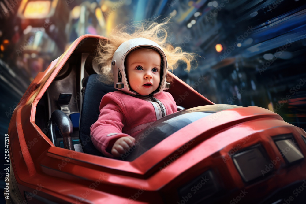 Bright futuristic illustration of a little girl driving a spaceship in the city Bright futuristic illustration of a little girl driving a spaceship in the city