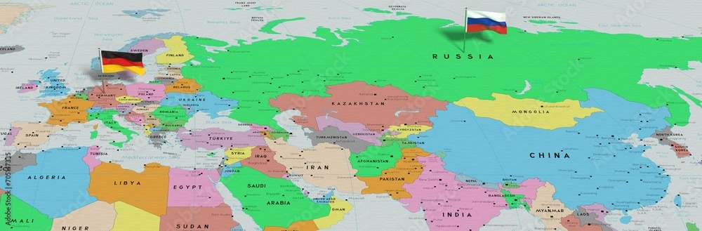 Obraz premium Germany and Russia - pin flags on political map - 3D illustration