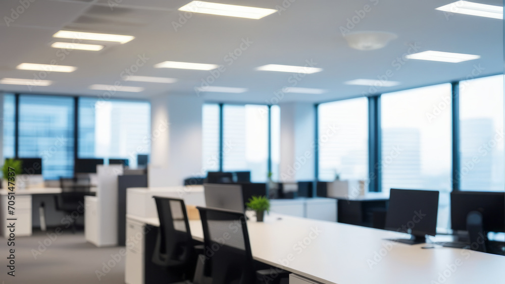 Abstract blurred interior modern office space with business and empty space, people working, panoramic windows, and beautiful lighting background blur in business concept.