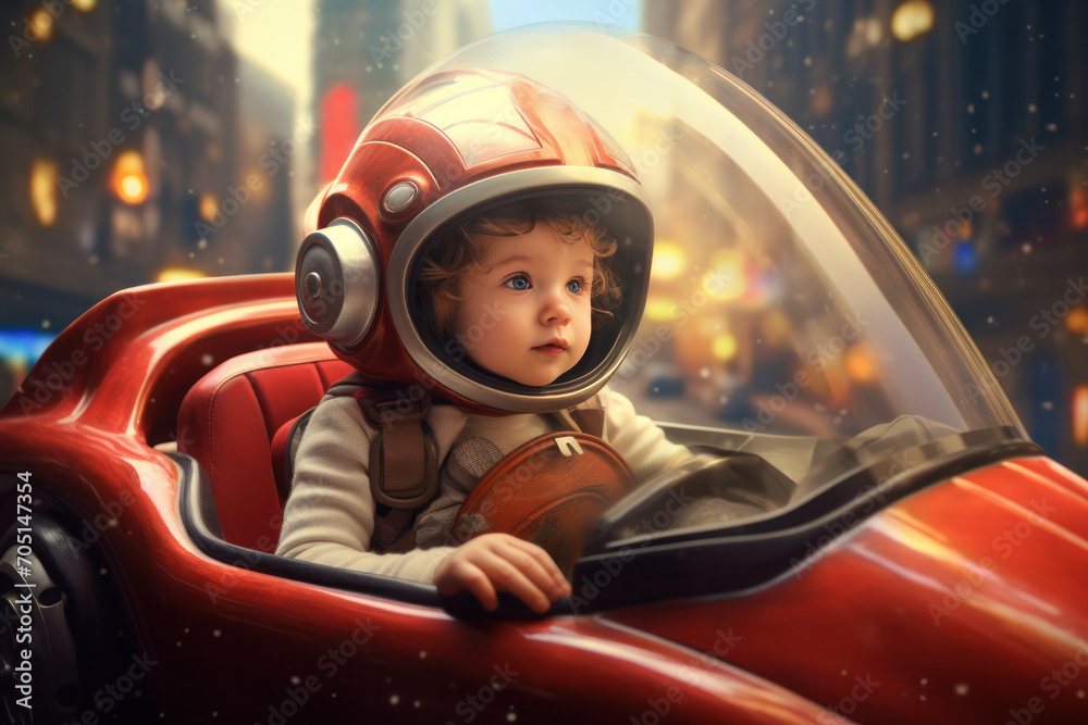 Bright futuristic illustration of a little boy driving a spaceship in the city Bright futuristic illustration of a little boy driving a spaceship in the city