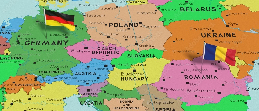 Naklejka premium Germany and Romania - pin flags on political map - 3D illustration