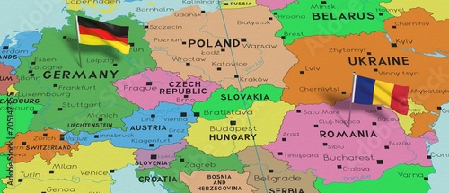 Germany and Romania - pin flags on political map - 3D illustration