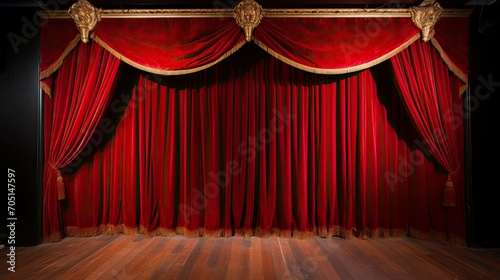 Theater stage. Background with copy space. Cultural leisure and event. Red curtains and interior.