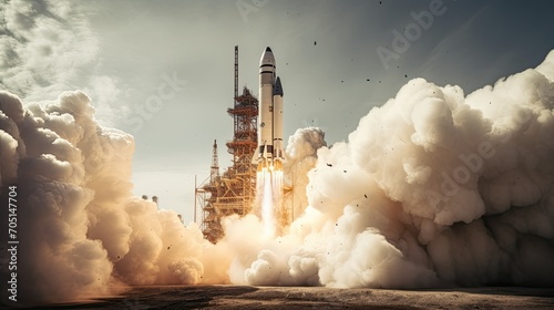 Take-off of space rocket at test site. Cosmodrome and launch of the spacecraft. Science and technology. photo