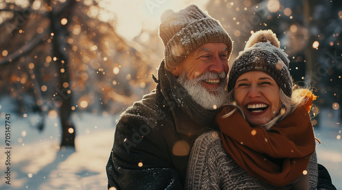 Laughing carefree couple of retirees spend time in winter forest, feel happy enjoy their love and harmonic relations on nature, sparkling falling snow, trees on background. Marriage, unity, affection