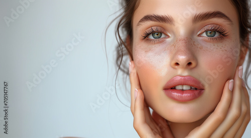 Close up portrait young beautiful woman touch her perfect smooth skin on grey studio background. Sensuality, natural beauty, plastic surgery, aesthetic medicine, cosmetology, cosmetics, skin care
