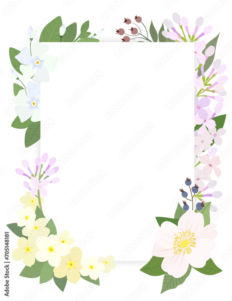 Rectangle frame with lilac flowers, periwinkle and berries isolated on a white background. Vector illustration.