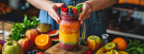 a woman holds a jar of fruit smoothie in her hands, on a background of fruits photo