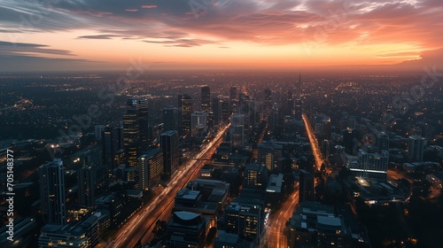 Dusk Over Metropolis: Aerial View of Cityscape with Glowing Streets at Twilight