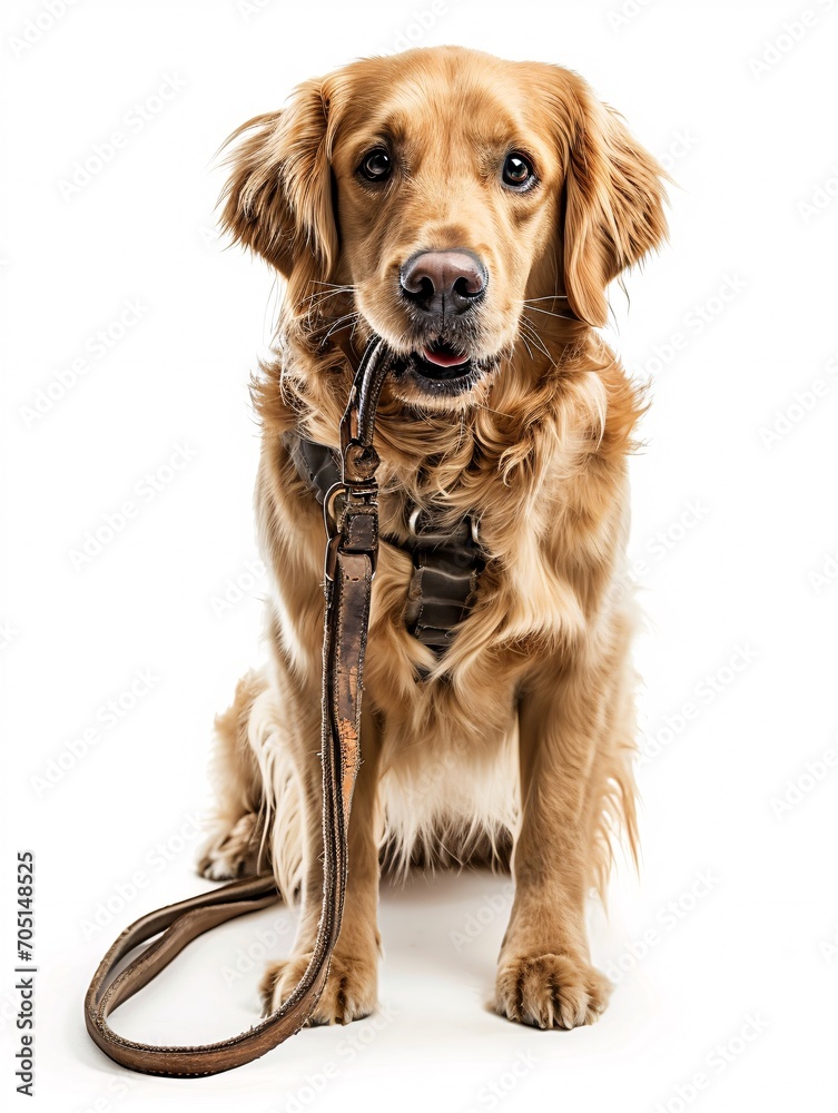 Cute Golden Retriever pup carrying leash in mouth against white backdrop.