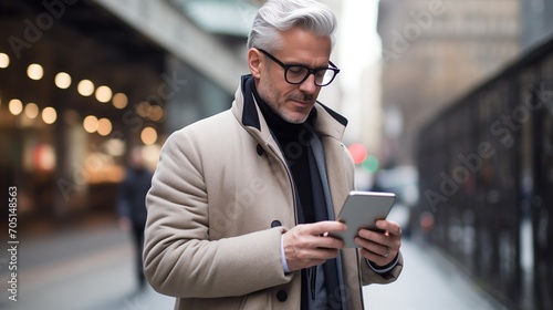 Silver-Haired Man in Chic Winter Attire Engaged with Tablet on Metropolitan Street