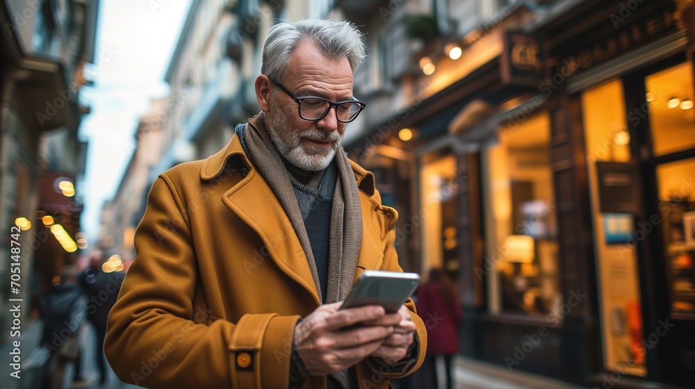 Urban Style: Fashionable Senior Man Engrossed in Smartphone on City Street