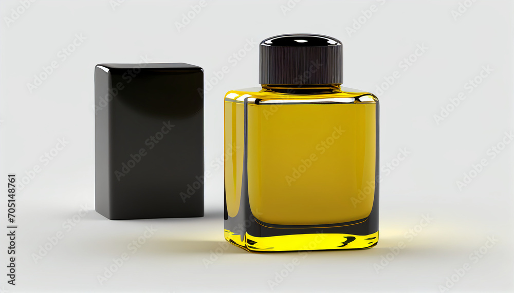 A frontal perspective On a white background, a black fragrance bottle with a yellow lid is isolated. A frontal perspective On a white background, a black fragrance bottle with a yellow lid is isolated.