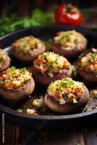A pan filled with stuffed mushrooms on top of a wooden table