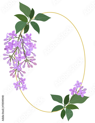 Gold oval frame with purple lilac flowers branch isolated on a white background. Vector illustration.