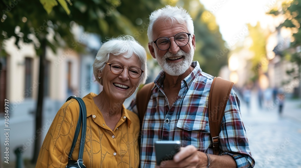 Joyful Senior Couple Using Smartphone on a Picturesque City Street at Sunset Joyful Senior Couple Using Smartphone on a Picturesque City Street at Sunset