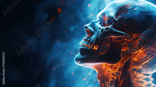 Within the X-ray,  a luminous blue skeletal structure fades into darkness,  punctuated by bursts of orange light for pain,  with a normal human head photo