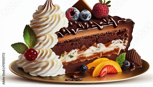 Isolated on a white background is chocolate cake topped with whipped cream and fruits.