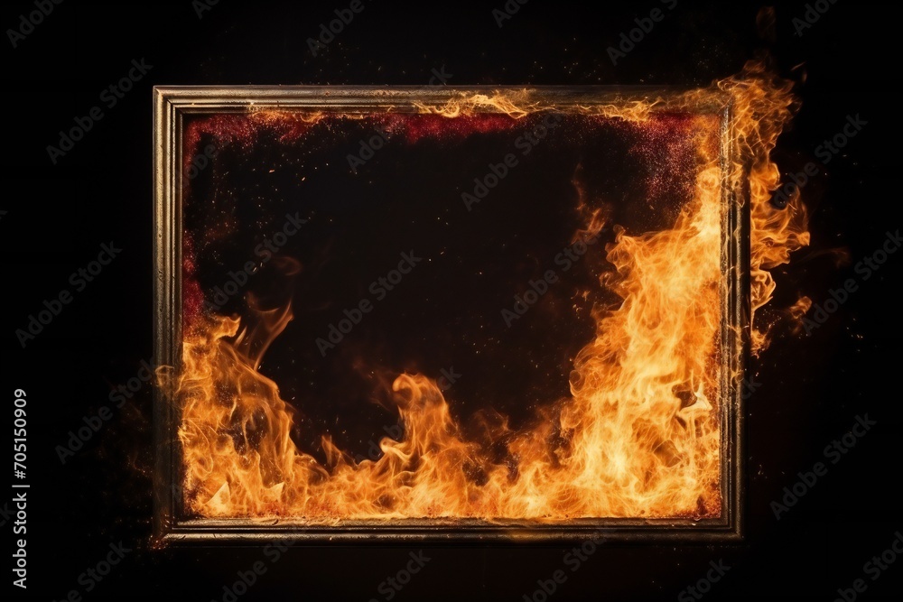 Fototapeta premium Empty picture frame in fire embers particles over black background. Fire sparks around Generative AI