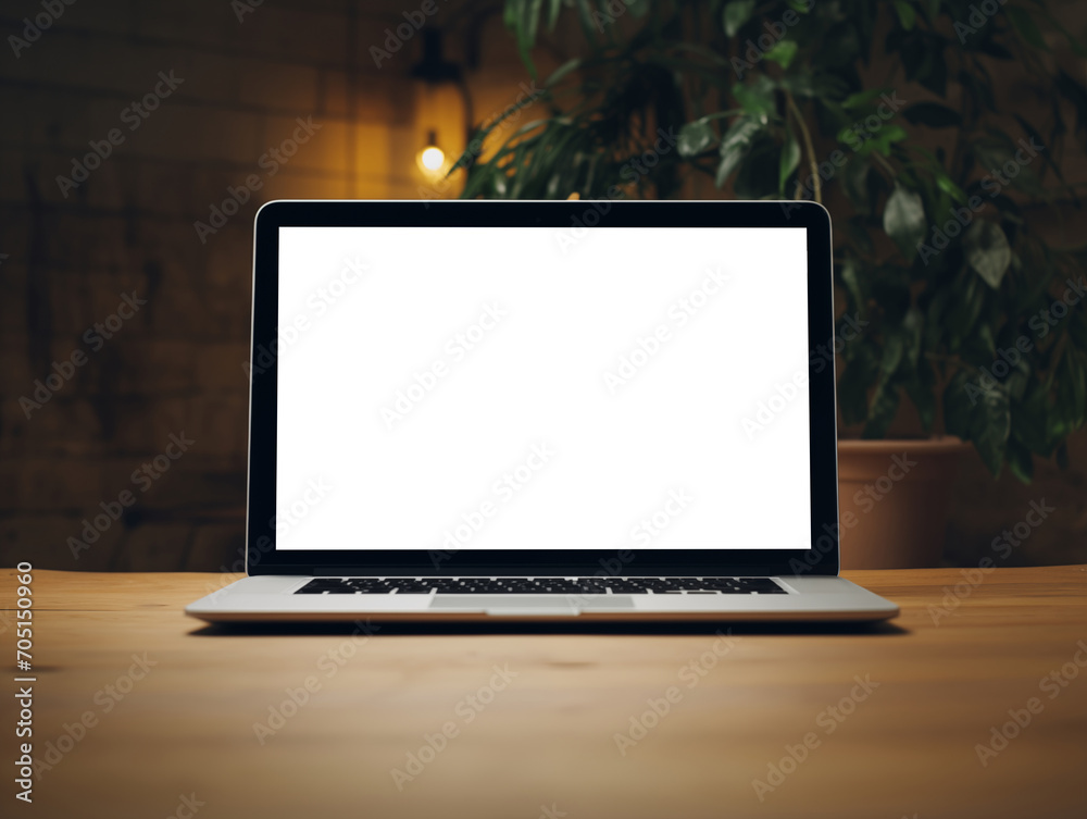 Laptop screen mockup, white isolated empty computer screen, open laptop standing on table Laptop screen mockup, white isolated empty computer screen, open laptop standing on table