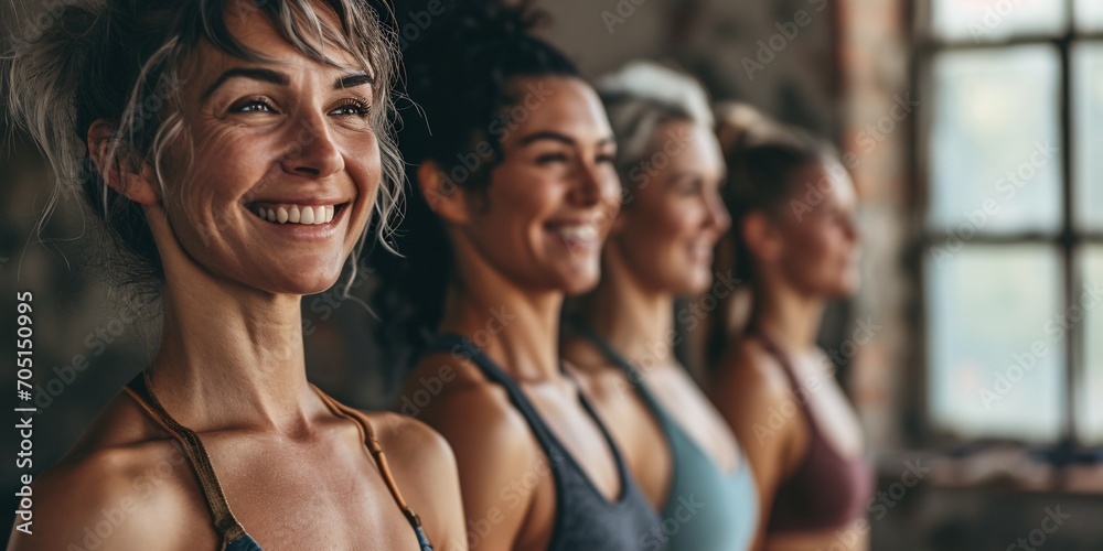 A group of athletic women joyfully posing in a yoga studio, happily exercising together.