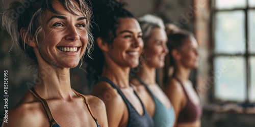 A group of athletic women joyfully posing in a yoga studio, happily exercising together.