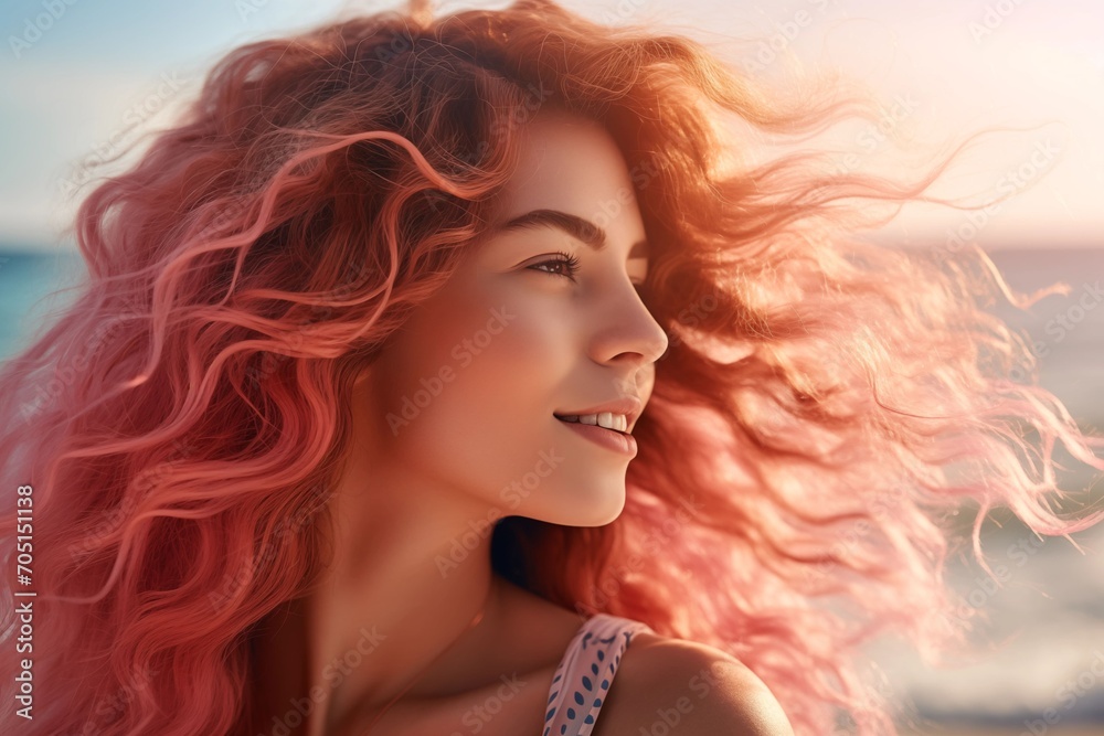 Portrait of a beautiful young woman with long hair fluttering in the wind on a morning sea beach