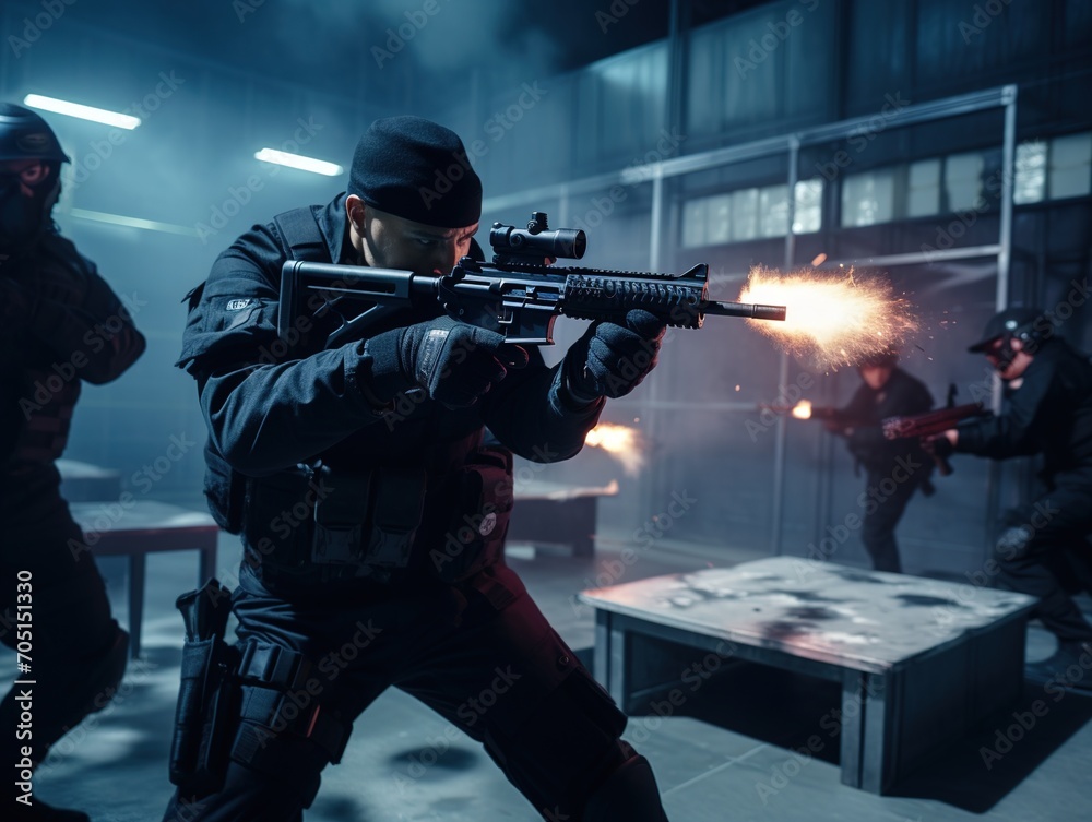 Special forces soldiers in black uniform and balaclava aiming and shooting guns during a military operation in a dark room Special forces soldiers in black uniform and balaclava aiming and shooting guns during a military operation in a dark room