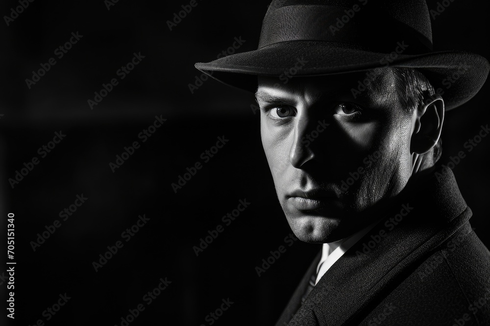 Noir-inspired portrait of a man, detective theme, mysterious ambiance