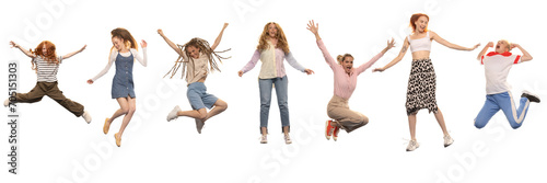 Collage made of different young emotional women wearing various clothes, jumping isolated over white background. Concept of human diversity, emotions, fashion and style, ad