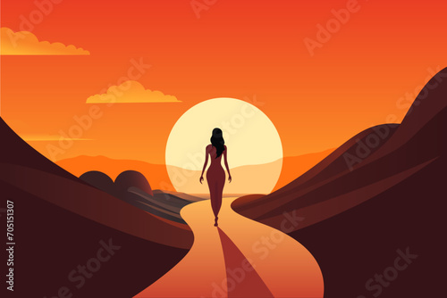 woman walking down a path towards sunset, confident woman going forward with her life goals inspiration vector illustration
