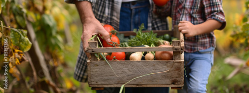 a farmer and his son hold a box with freshly picked vegetables