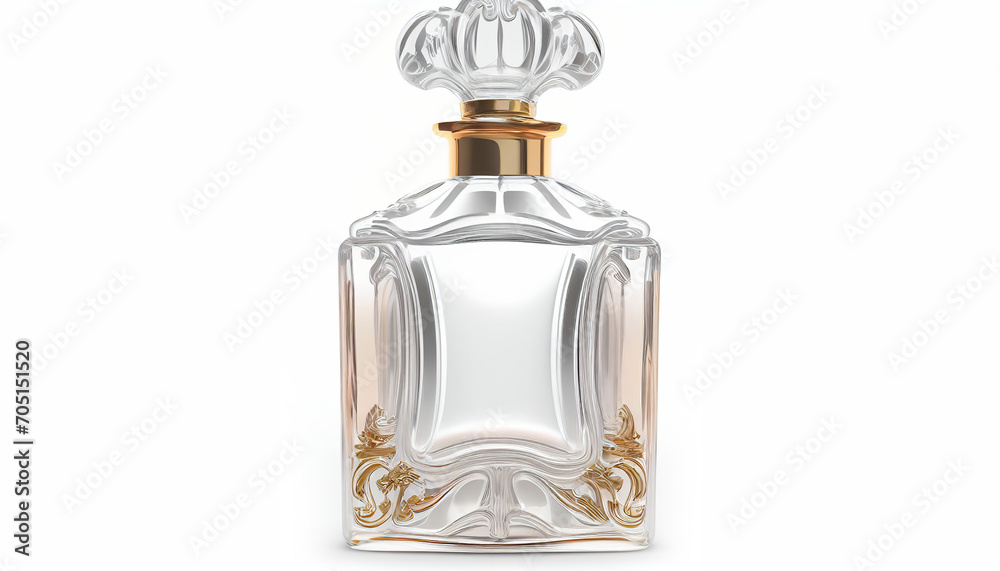 Clear glass perfume bottle with cover in front, isolated on a white background Clear glass perfume bottle with cover in front, isolated on a white background