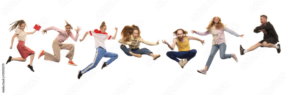 Collage made of different people of diverse age and gender jumping isolated over white background. Funny meme emotions. Concept of human diversity, emotions, fashion and style, ad