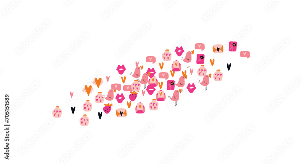 Bright frame background with Valentine's Day elements. Blank postcard, invitation to a holiday, wedding. Doodle. Vector illustration.