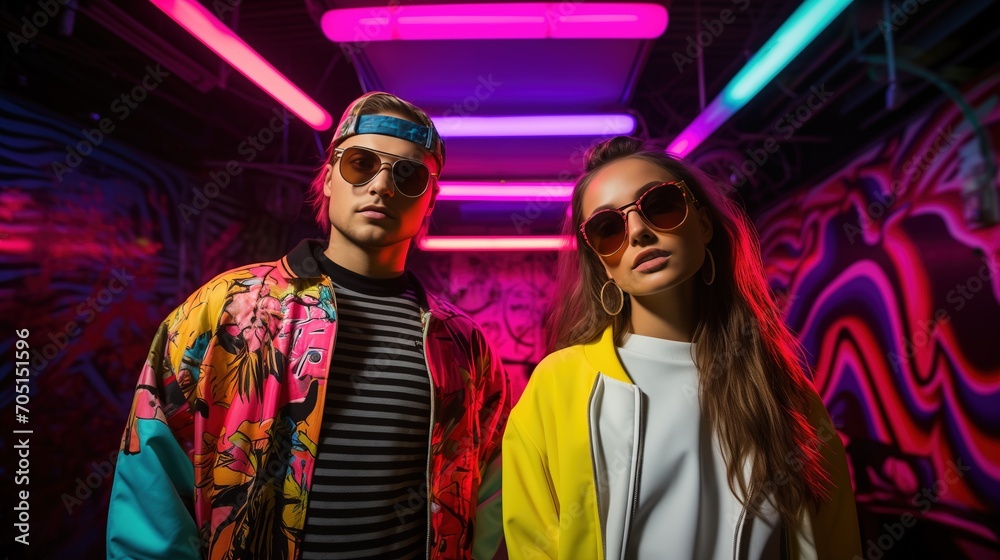 Stylish couple in retro '90s outfits against a graffiti and neon light backdrop