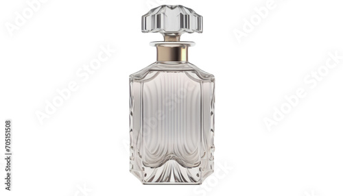 Clear glass perfume bottle with cover in front, isolated on a white background