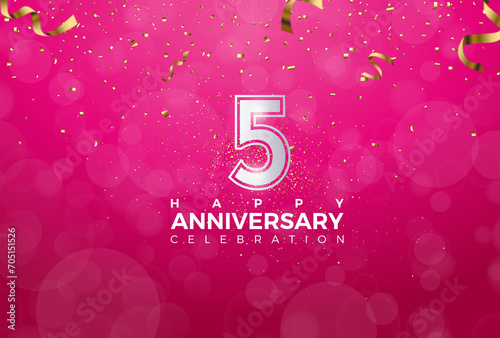 Fifth 5th Anniversary celebration, 5 Anniversary celebration, Realistic 3d sign, Pink background, festive illustration, Silver number 5 sparkling Glitter With Confetti, 5,6