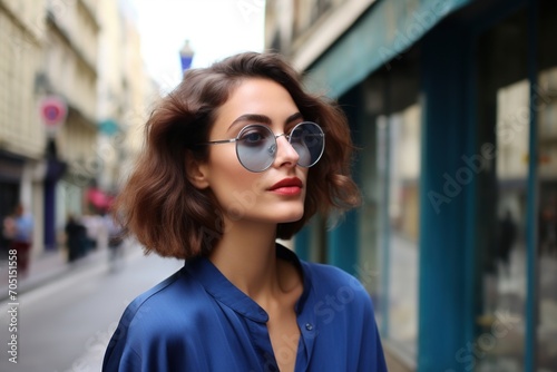 A woman in blue shirt and sunglasses is looking away from the camera