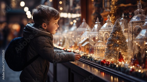 Young child marvels at festive displays in store window on chilly night, tourist observes holiday trinkets and ornaments at classic Christmas bazaar.