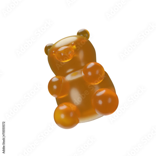 3D render orange gummy bear. Realistic gummyfied. Sweet Chewable supplements. Chewy delicious snack. Edible health candy. Vector illustration fruit dessert. menthol Gummy Form factor vitamins.