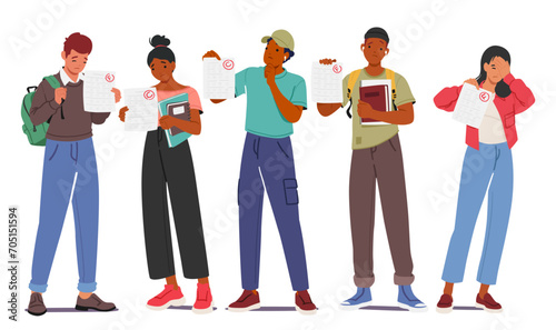 Disheartened Students Characters Display C And F Test Scores, Faces Reflecting Spectrum Of Emotions, Vector Illustration