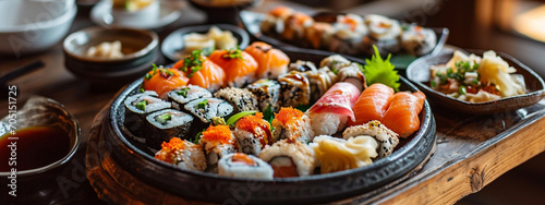 different types of rolls and sushi on a round plate, on a wooden table photo