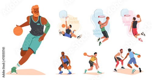 Tall  Agile Athletes Male Characters Dribble And Shoot On The Basketball Court  Showcasing Skill And Teamwork Vector Set