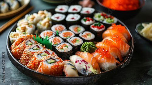different types of rolls and sushi on a round plate, on a wooden table