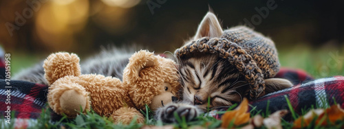 a little cat in a hat with a toy bear is sleeping in nature