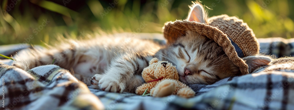 a little cat in a hat with a toy bear is sleeping in nature a little cat in a hat with a toy bear is sleeping in nature