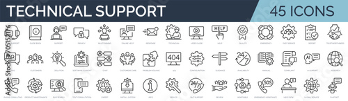 Set of 45 outline icons related to technical support. Linear icon collection. Editable stroke. Vector illustration photo